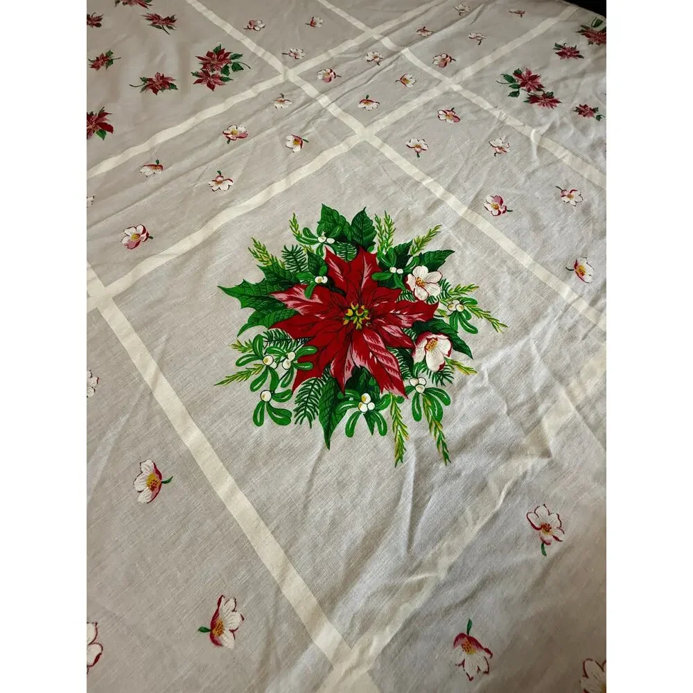 Vintage Christmas Poinsettia Cotton Oblong Tablecloth Holiday Farmhouse 60 X 80